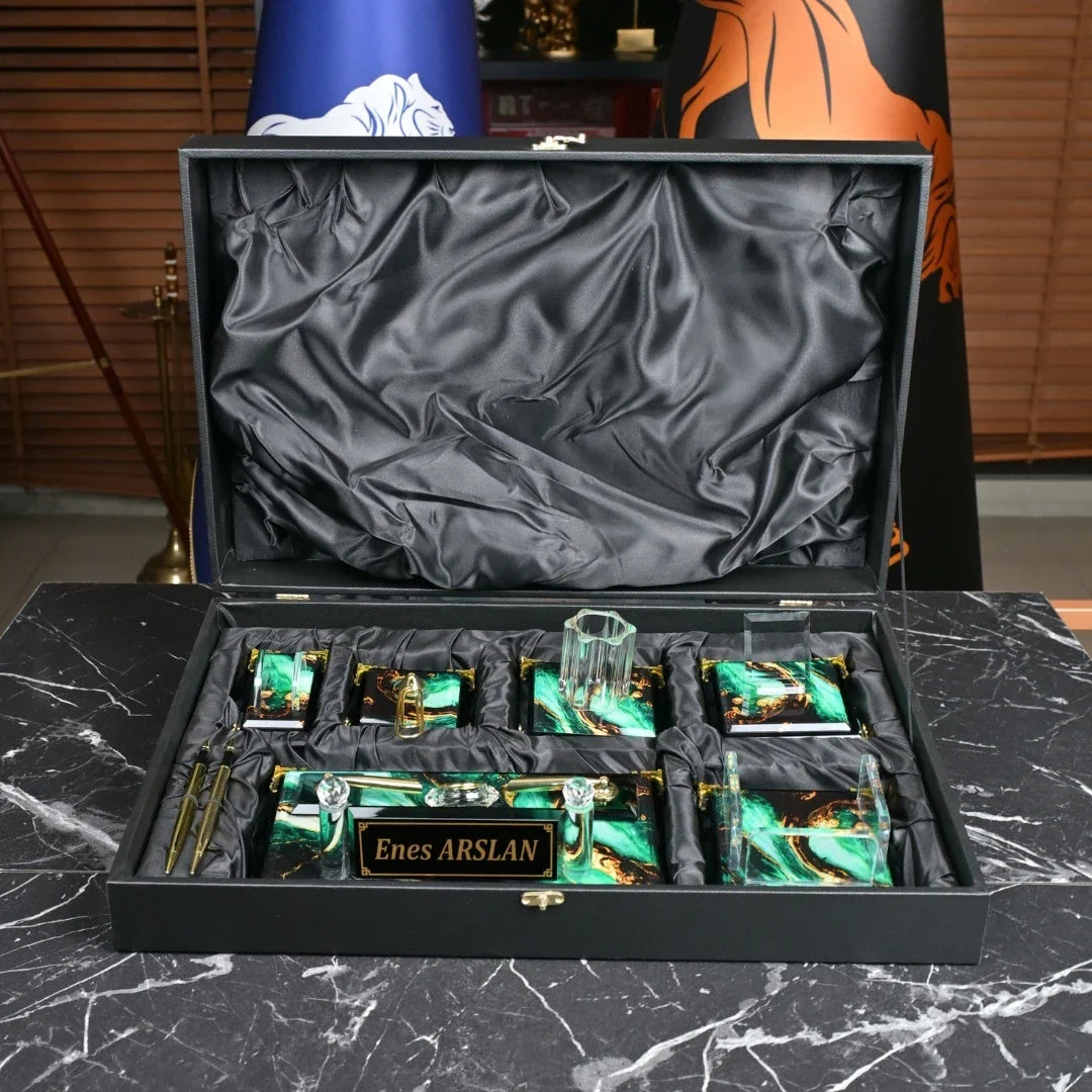 Emerald | Gift-Boxed 6-Piece Crystal Desk Set & Nameplate Set