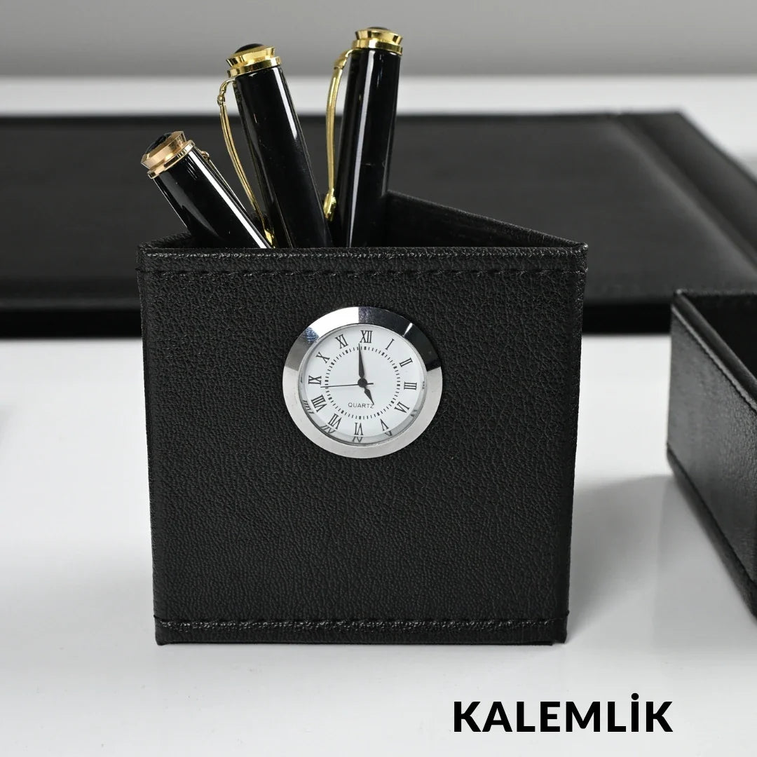Black - Silver Black 8-Piece Leather Desk Set