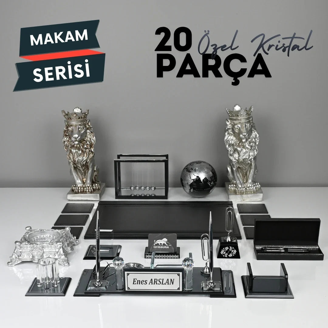 20-Piece Black Crystal Desk Set & Nameplate Set - Silver Details