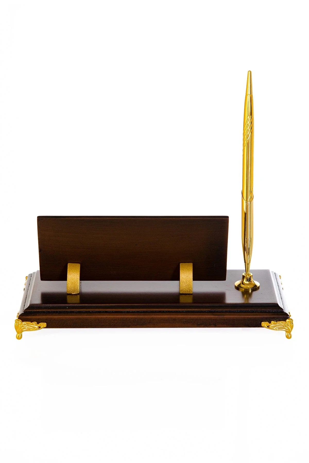 Gold-Base Wooden Desk Nameplate with Single Pen Holder