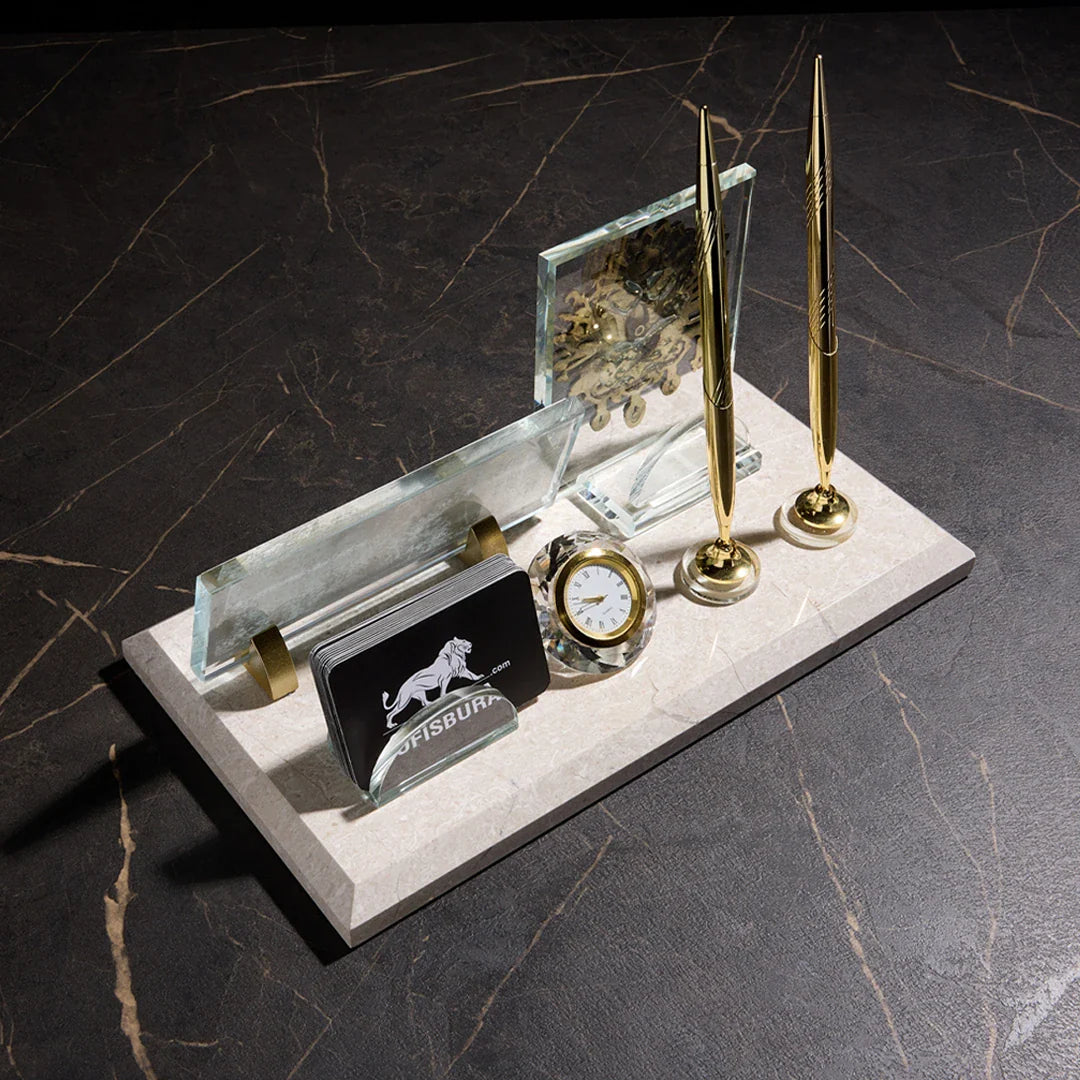 Ottoman Crest Marble Desktop Nameplate Set, Matching Desk Sets - Personalized, with Clock & Dual Pen Holder, Cream