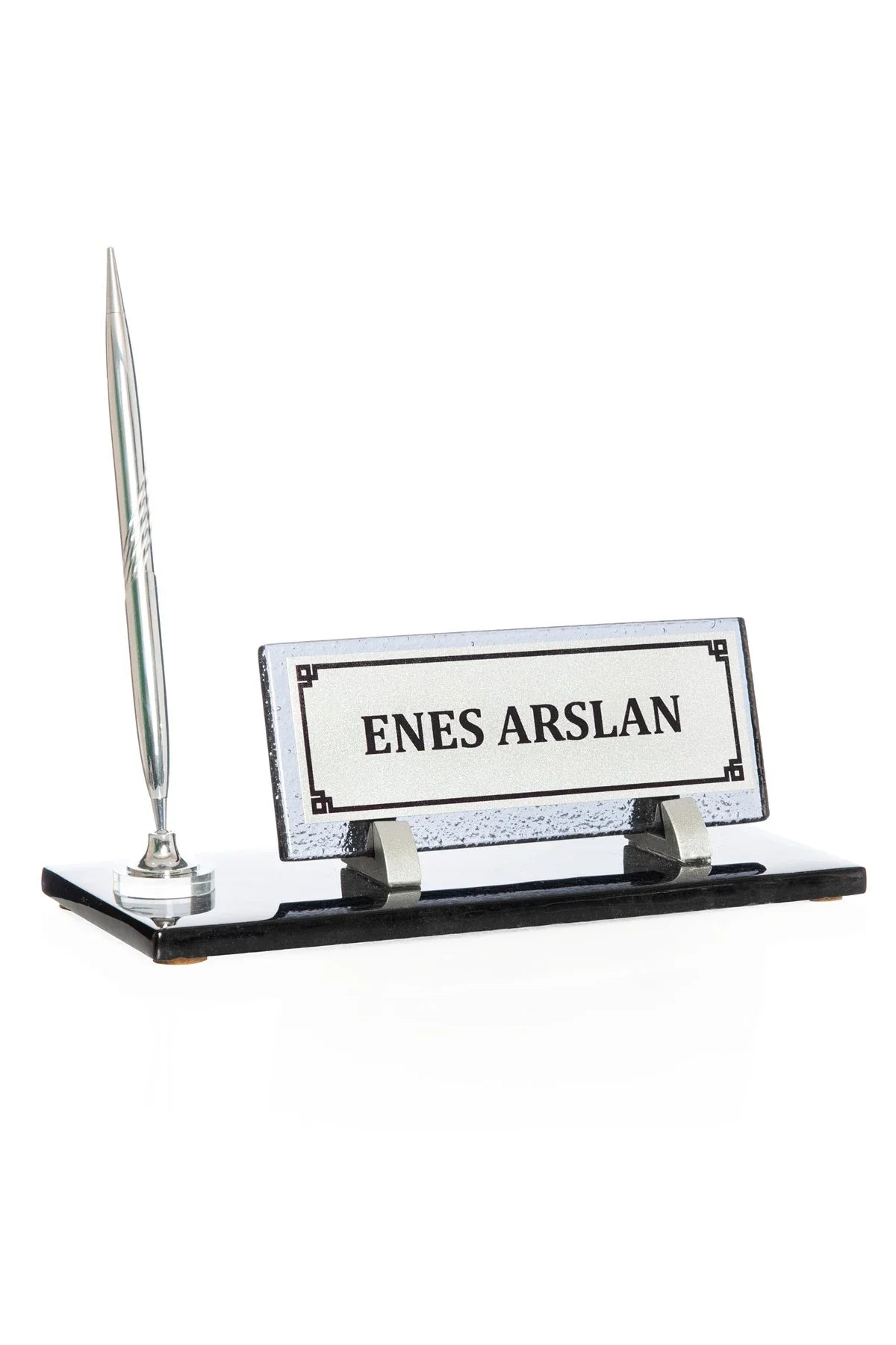 Crystal Glass Desk Nameplate with Single Pen Holder, Silver - Desktop Office Nameplate