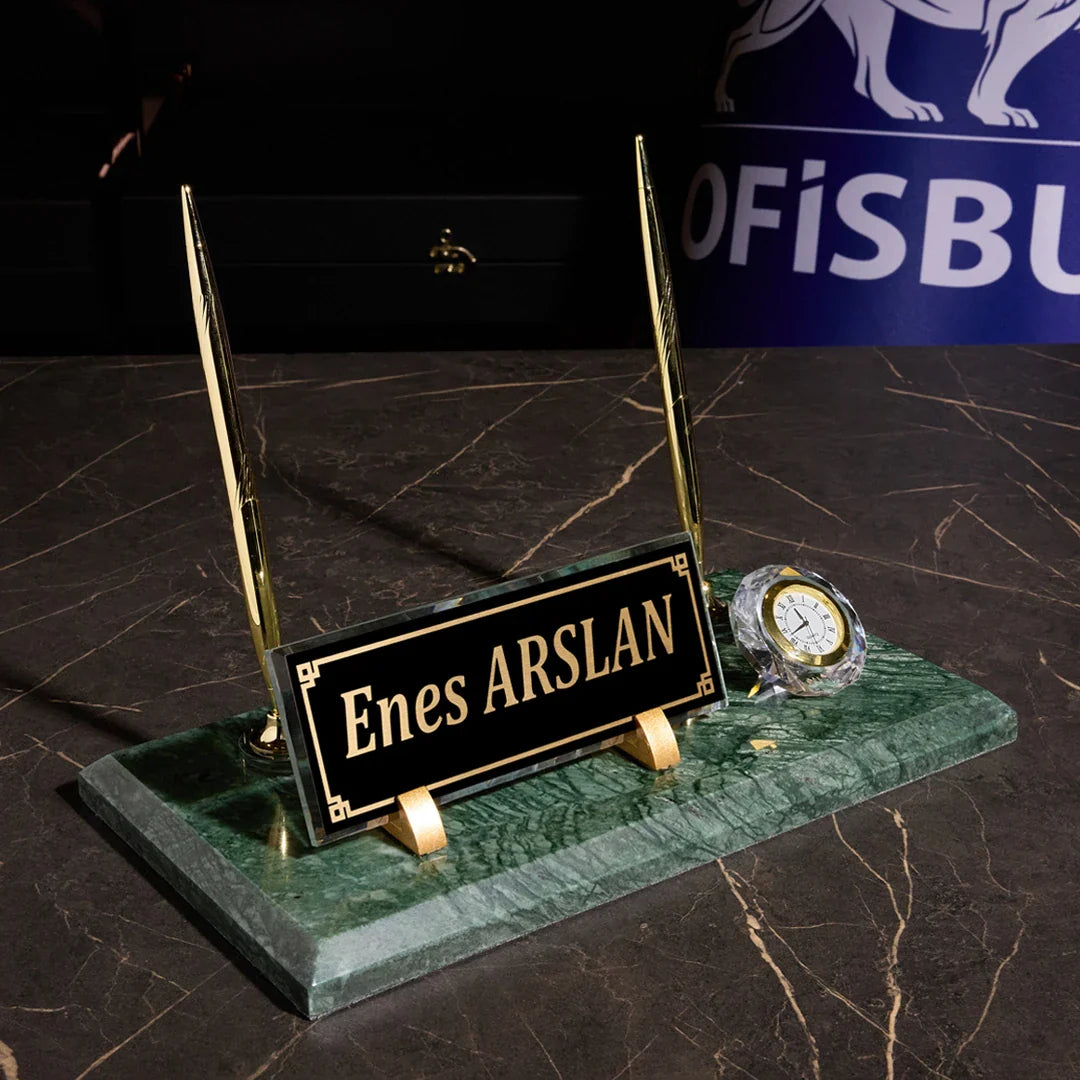 Signature Emerald Marble Desktop Nameplate Set with Clock & Dual Pen Holder - Personalized Desk Nameplate