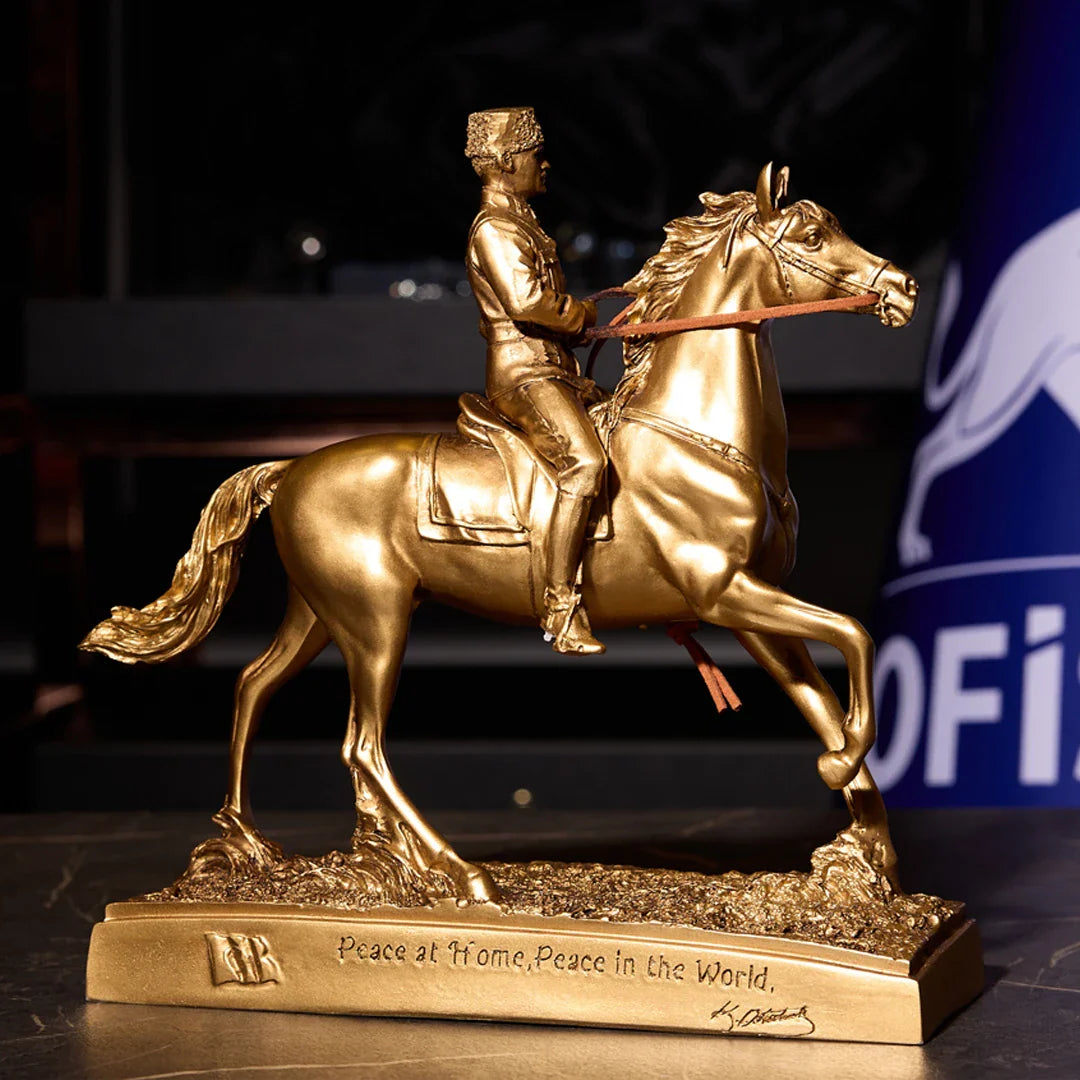 Atatürk on Horseback Figurine – Gold | "Peace at Home, Peace in the World"