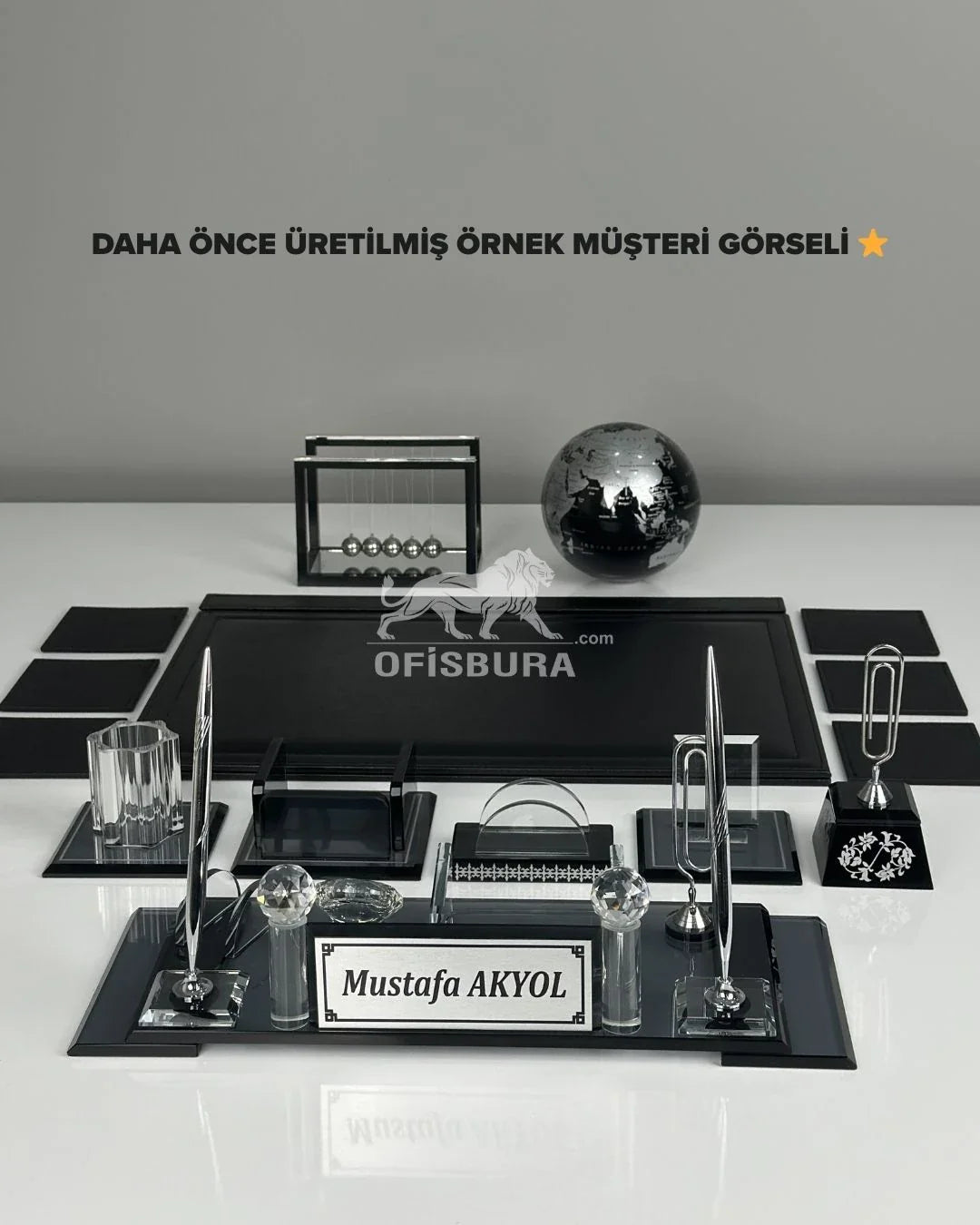 15-Piece Crystal Desk Set & Nameplate Set - Large Nameplate, Silver Accents