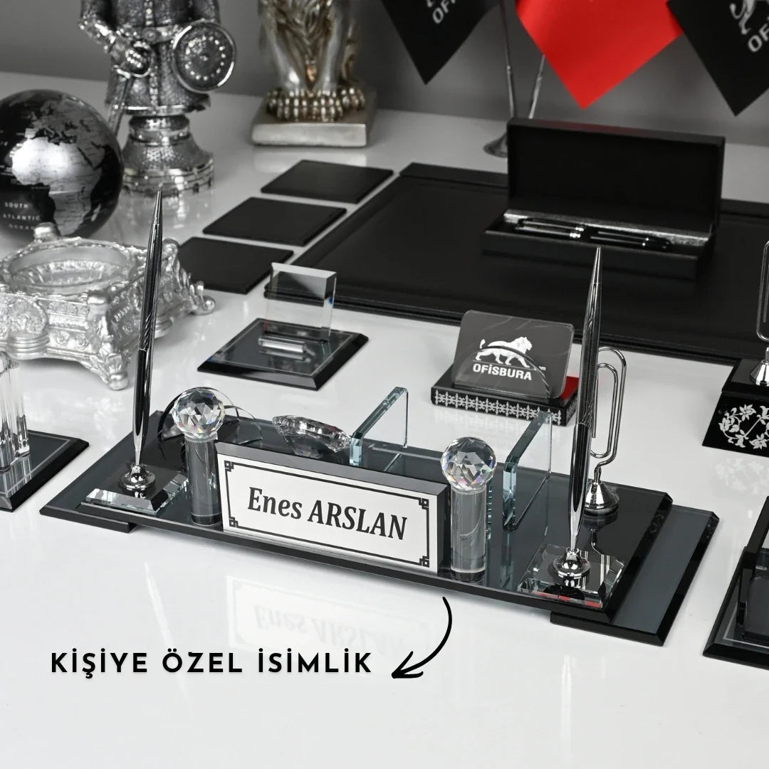 24-Piece Crystal Desk Set & Nameplate Set - Silver Accents