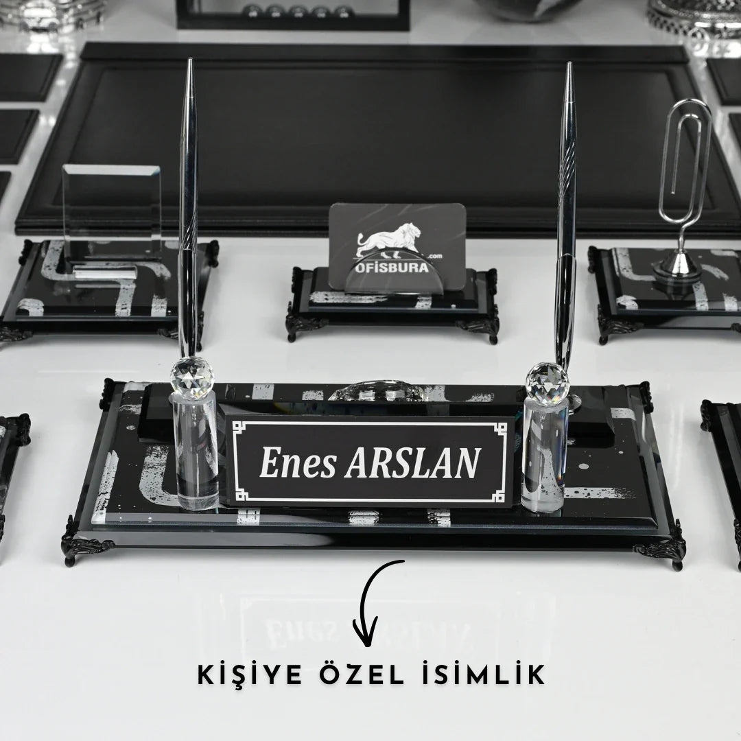 Piano Black | 20-Piece Premium Crystal Desk Set & Nameplate Set
