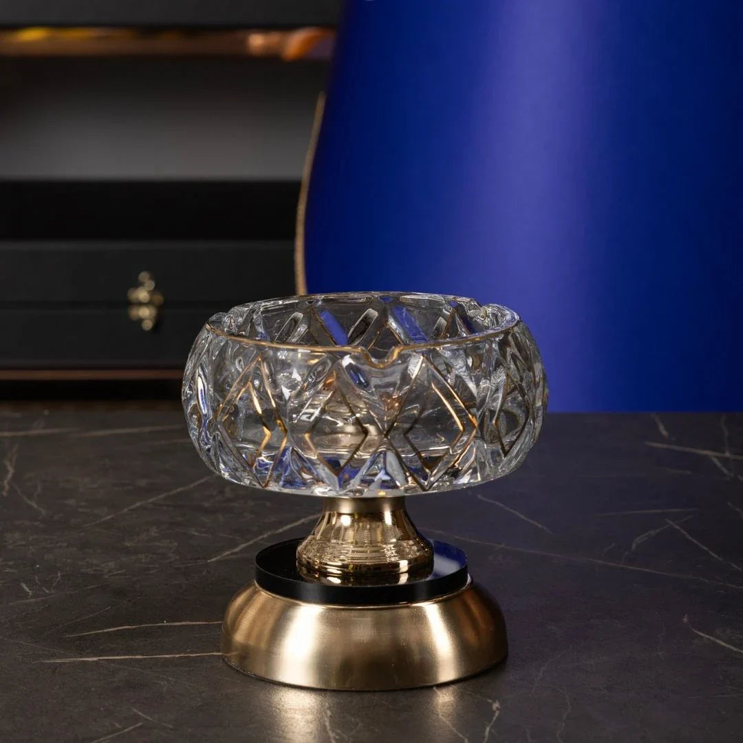 Crystal Glass Ashtray, Gold Detail, Footed - 15 cm