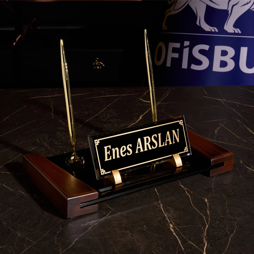Brown | Crystal Desk Nameplate – Wood Base
