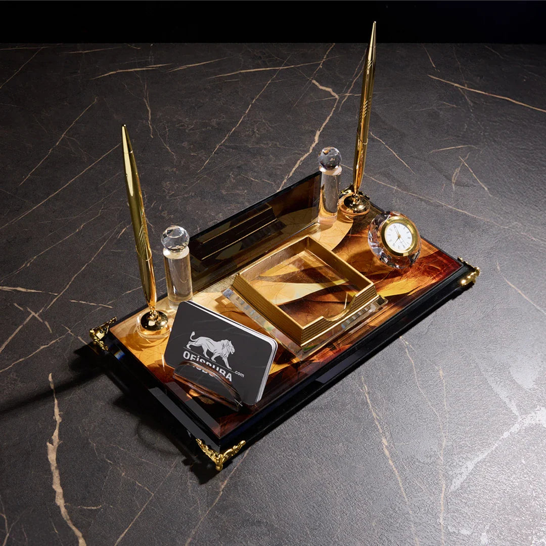 Siena Crystal Desktop Nameplate Set with Clock, Notepad Holder & Dual Pen Holder - Personalized Desk Nameplate