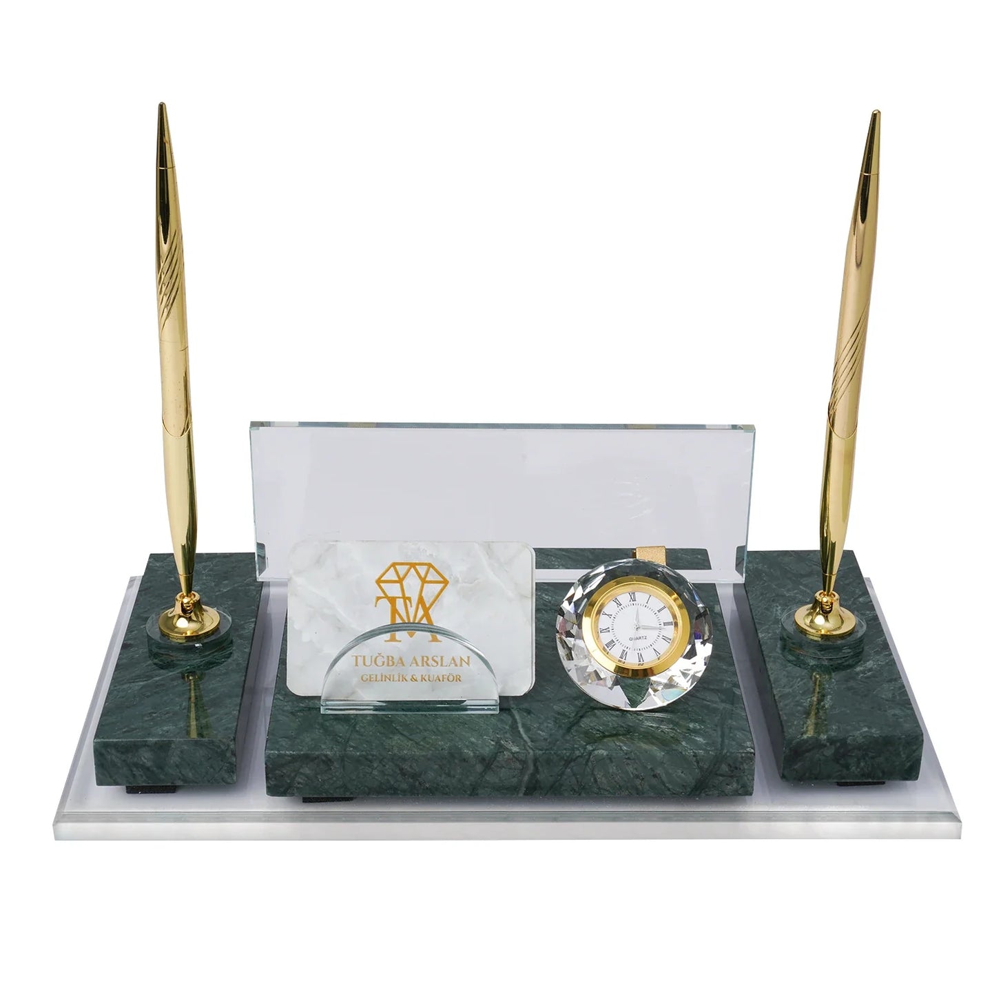Ephesus Emerald Green Marble Desk Nameplate | Gold-Accent Luxury Set - 30 × 16 Cm