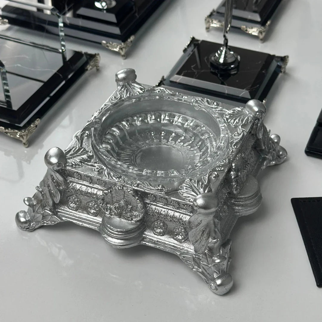 Zebra Black | 15-Piece Crystal Desk Set & Nameplate Set - Silver Details