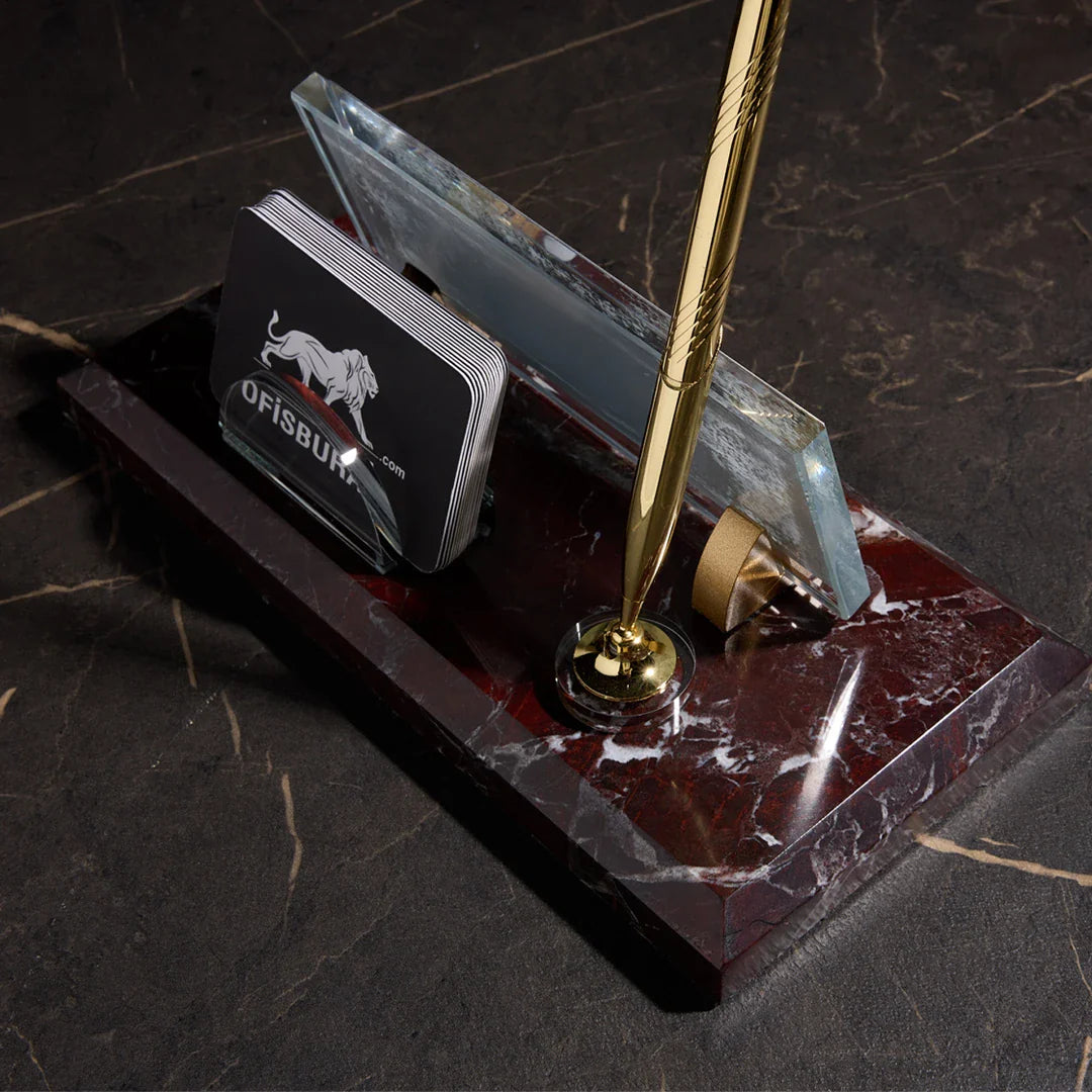 Burgundy Marble Desk Nameplate | Personalized Office Nameplate with Gold Pen Holder