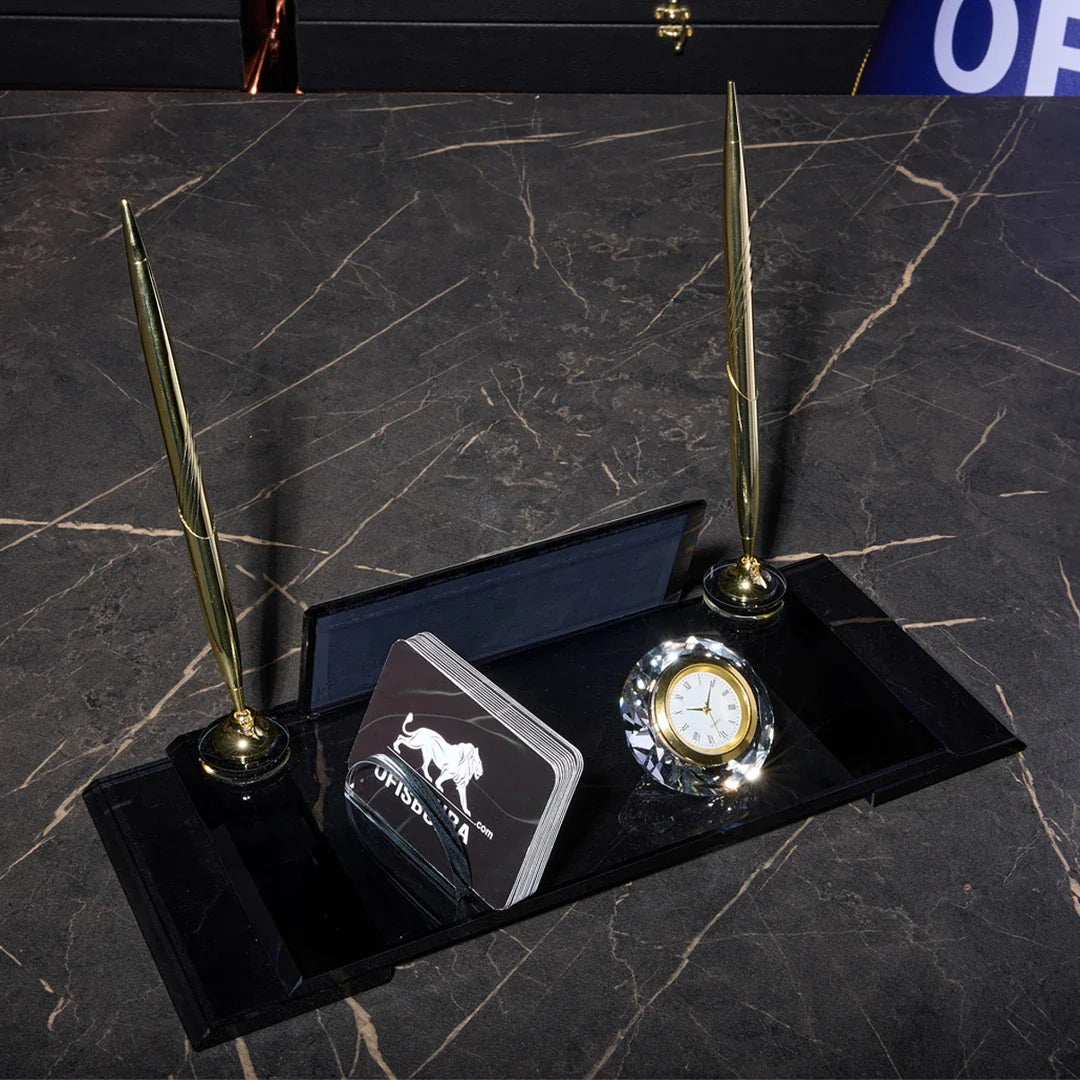 VIP Black Crystal Desk Nameplate - Luxury Office Nameplate with Dual Pen Holder & Clock