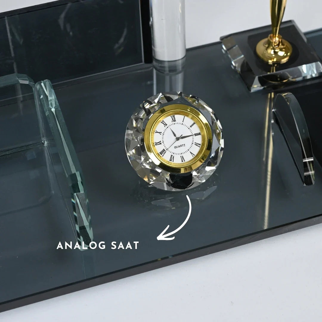 Special Crystal | 22-Piece Premium Crystal Desk Set & Nameplate Set - Gold Accents