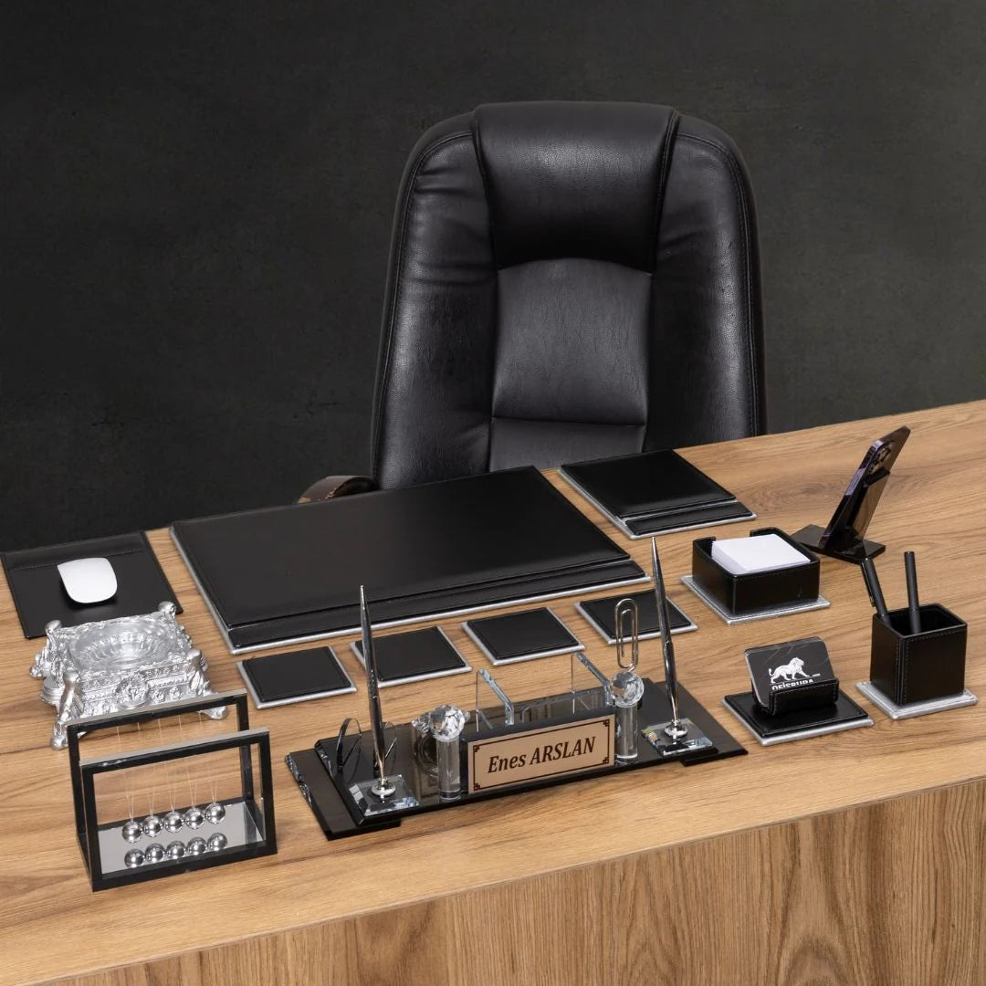 Black & Silver Leather 14-Piece Premium Desk Set