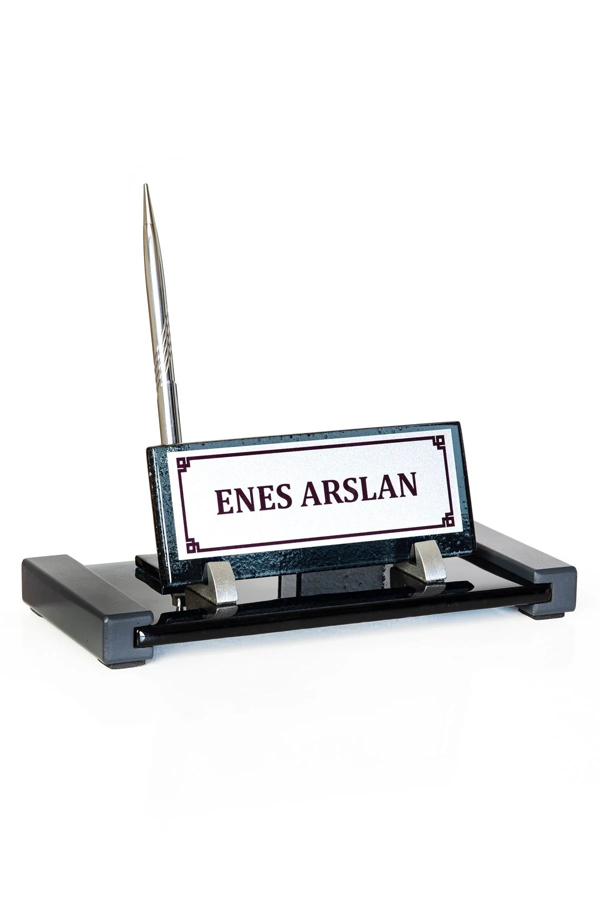 Anthracite Crystal Desktop Nameplate Set with Single Pen Holder - Personalized Desk Nameplate