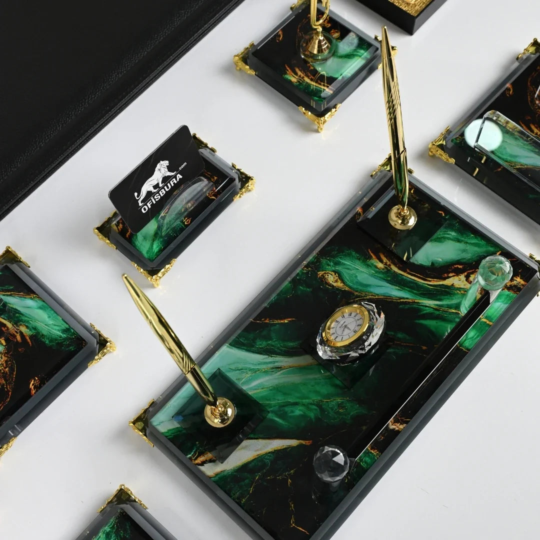 Emerald | 20-Piece Premium Crystal Desk Set & Nameplate Set