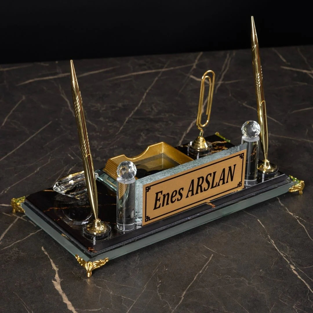 Marble-Pattern Gold Crystal Glass Desk Nameplate - Executive Office Nameplate with Clock & Dual Pen Holder