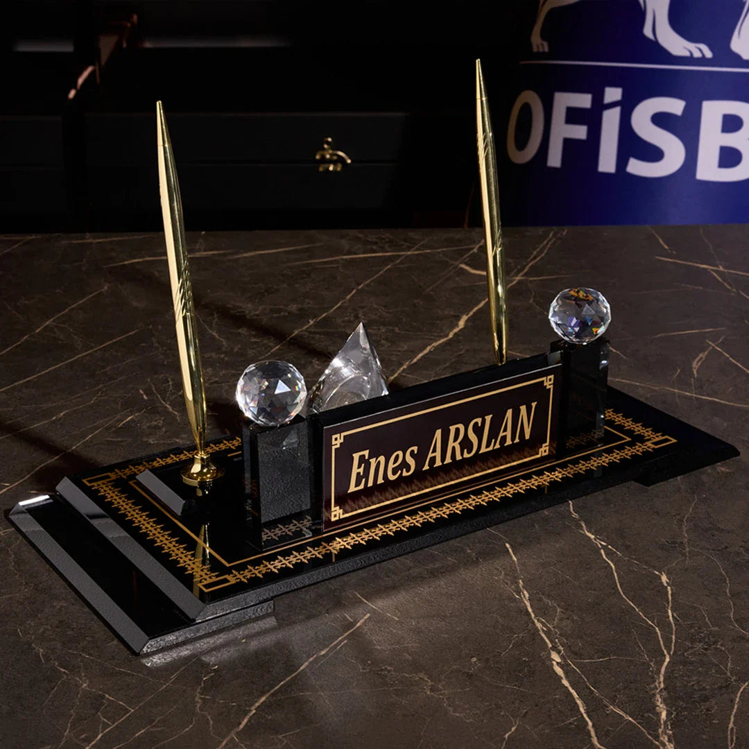 Diamond Crystal Desk Nameplate Desktop Set - Black Glass Gold