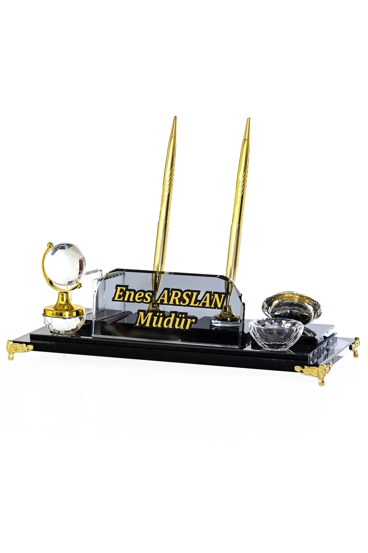 Global Crystal Desk Nameplate Desktop Set - Gold Base