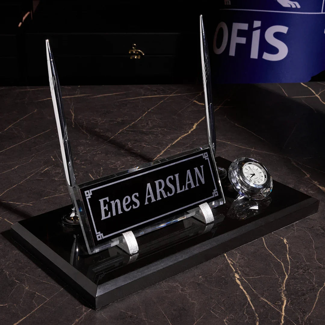 Signature Black Marble Desktop Nameplate Set with Clock & Dual Pen Holder - Personalized Desk Nameplate