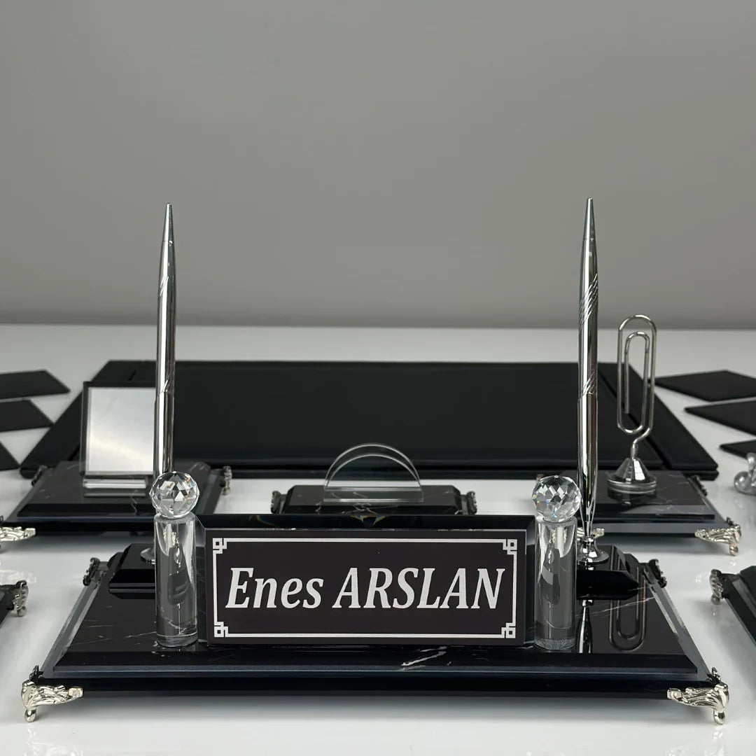 Zebra Black | 15-Piece Crystal Desk Set & Nameplate Set - Silver Details