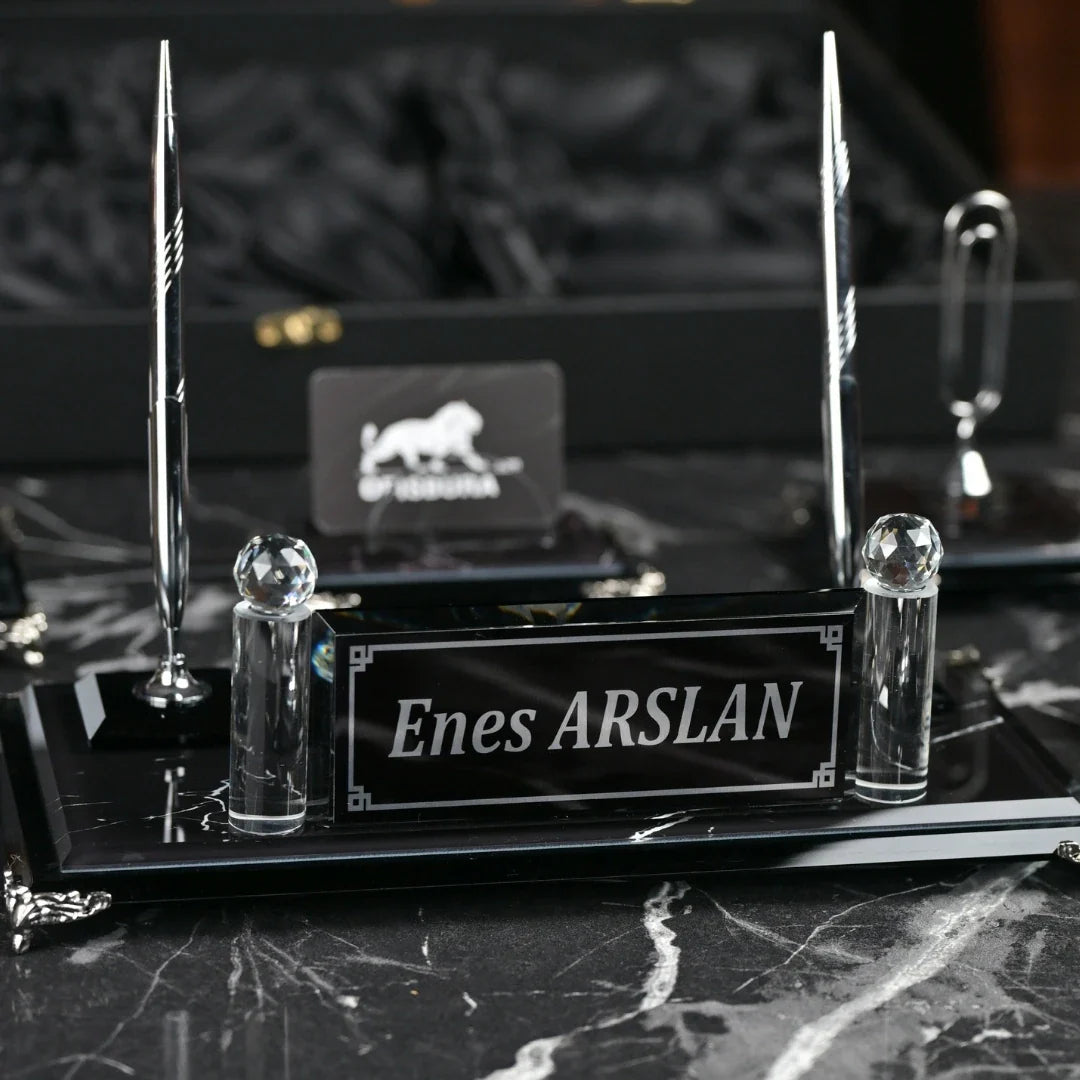 Zebra Black | Gift-Boxed 6-Piece Crystal Desk Set & Nameplate Set