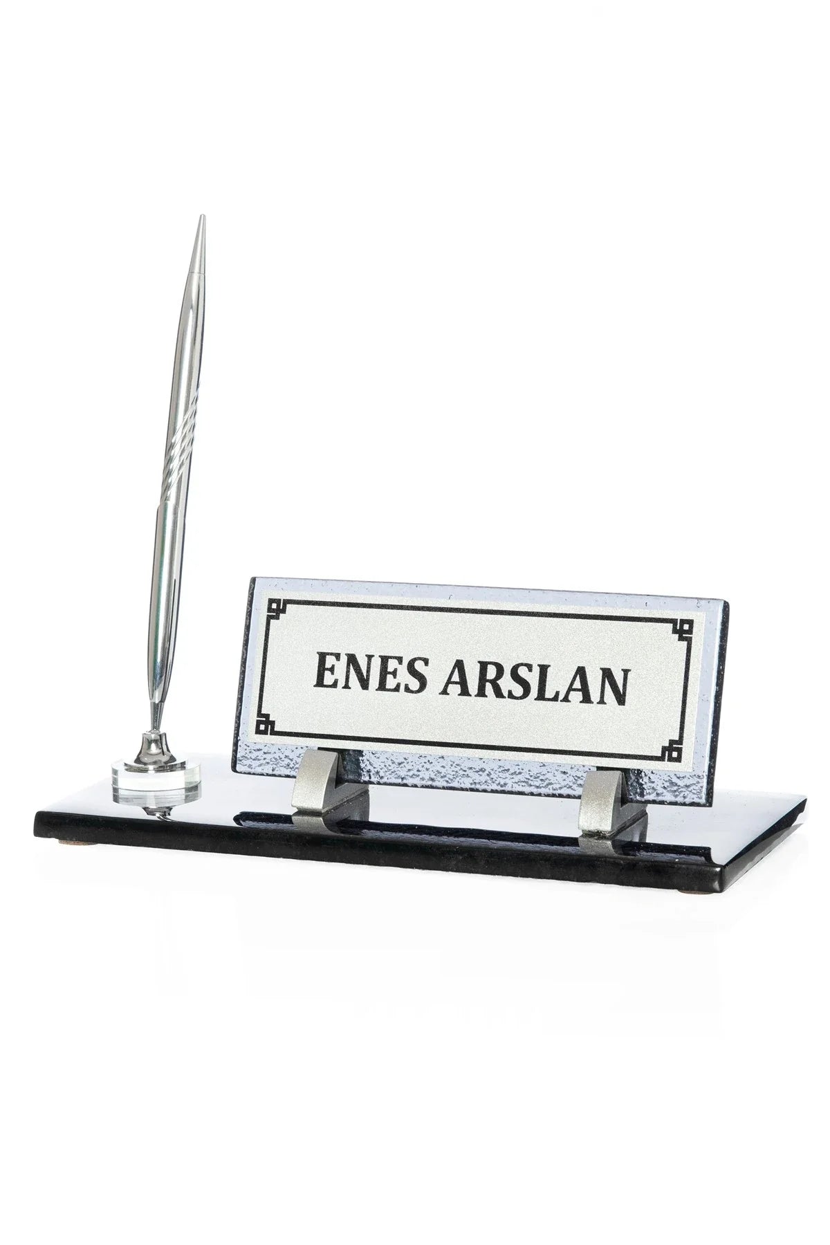 Crystal Glass Desk Nameplate with Single Pen Holder, Silver - Desktop Office Nameplate