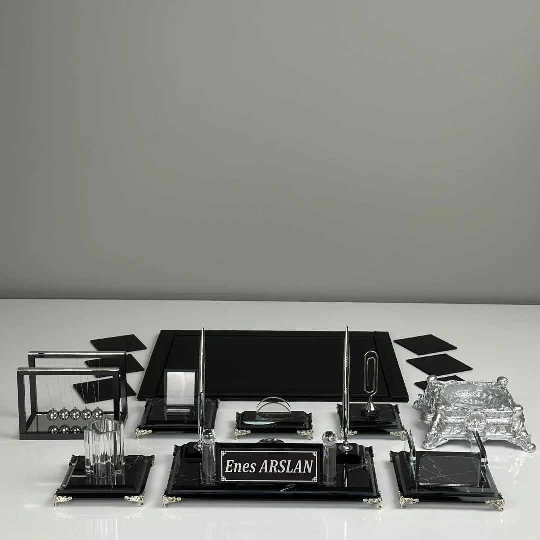 Zebra Black | 15-Piece Crystal Desk Set & Nameplate Set - Silver Details