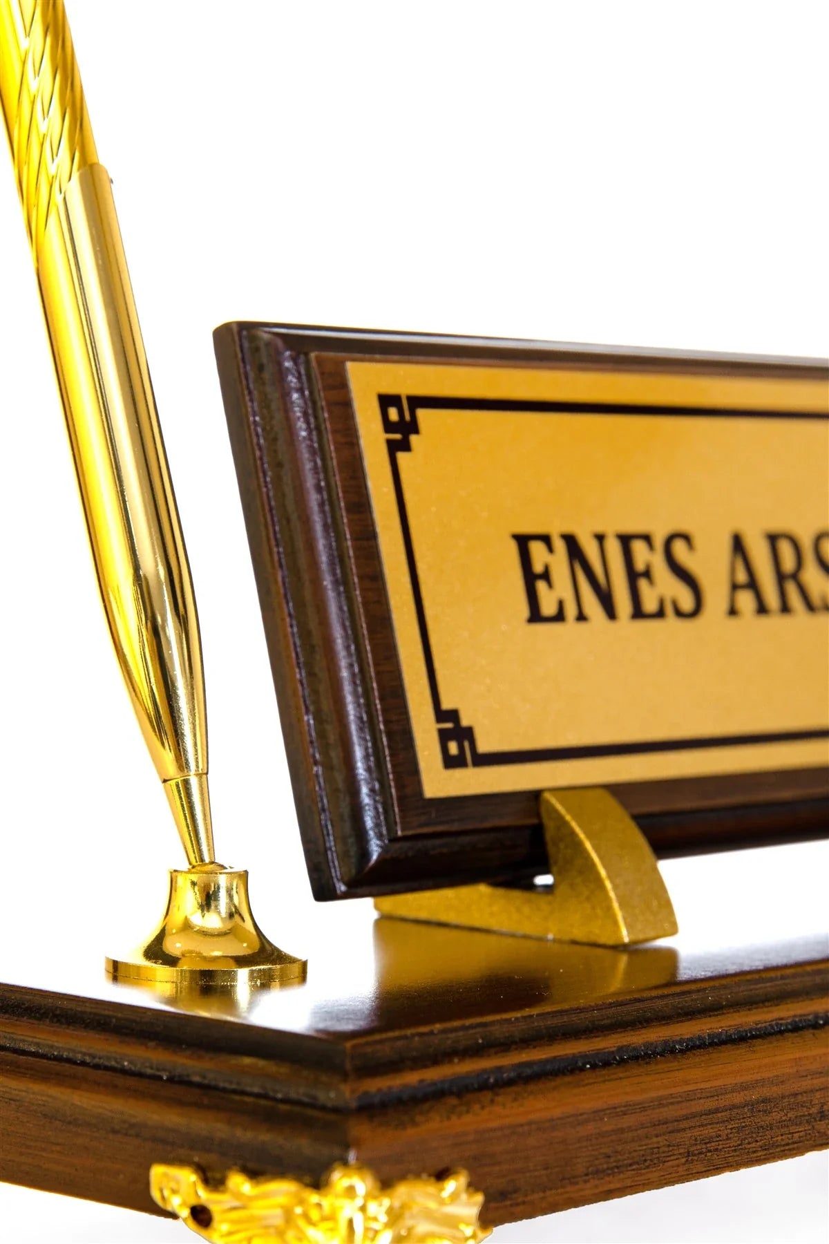 Gold-Base Wooden Desk Nameplate with Single Pen Holder