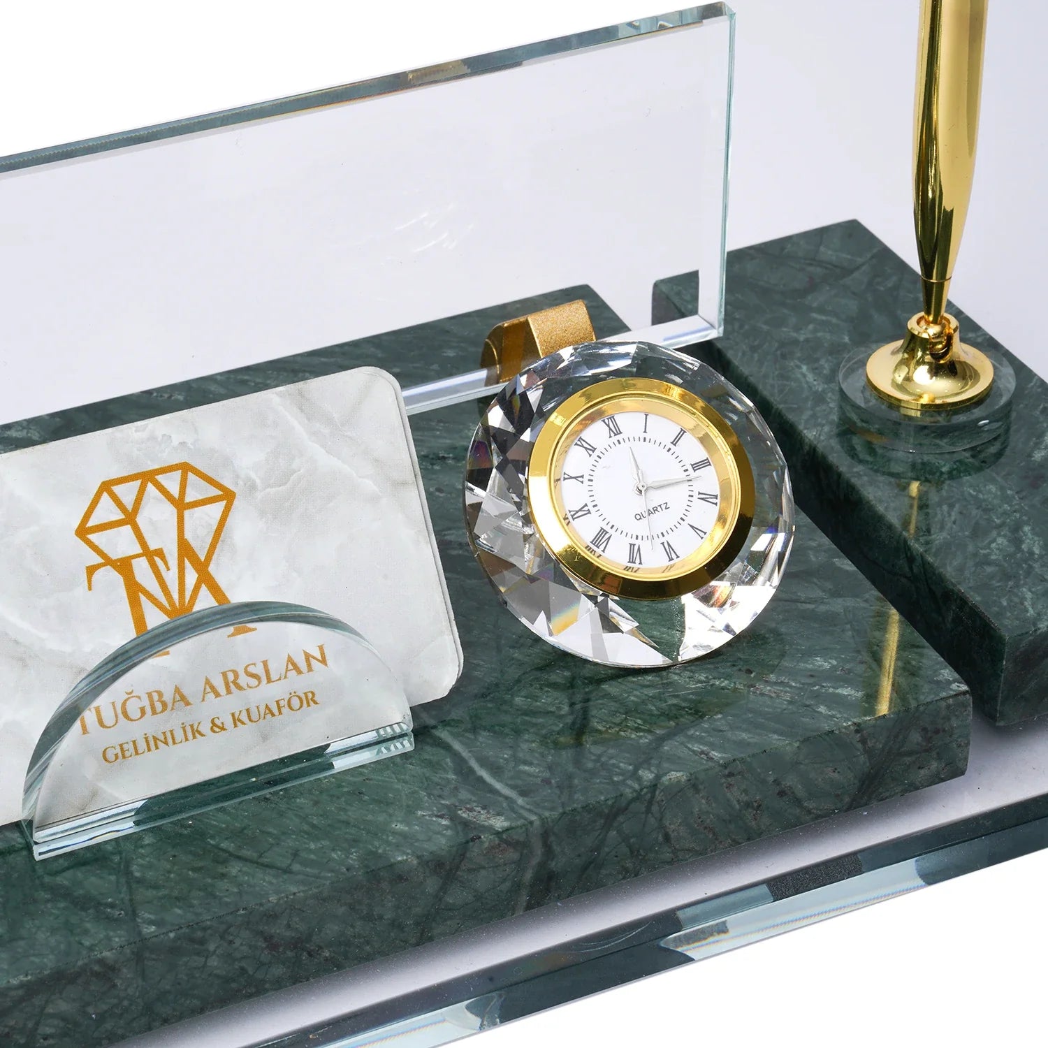 Ephesus Emerald Green Marble Desk Nameplate | Gold-Accent Luxury Set - 30 × 16 Cm