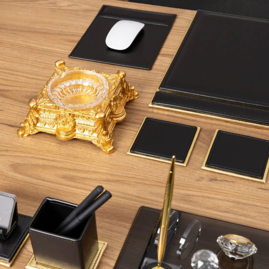 Black & Gold Leather 14-Piece Premium Desk Set