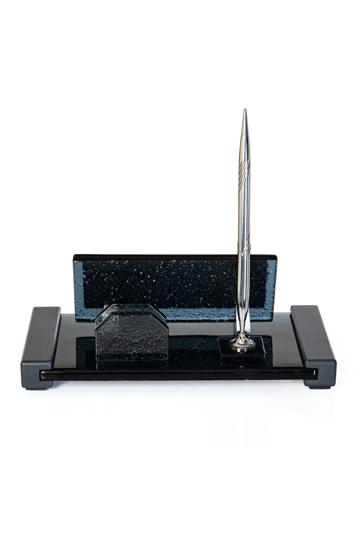 Anthracite Crystal Desktop Nameplate Set with Single Pen Holder - Personalized Desk Nameplate