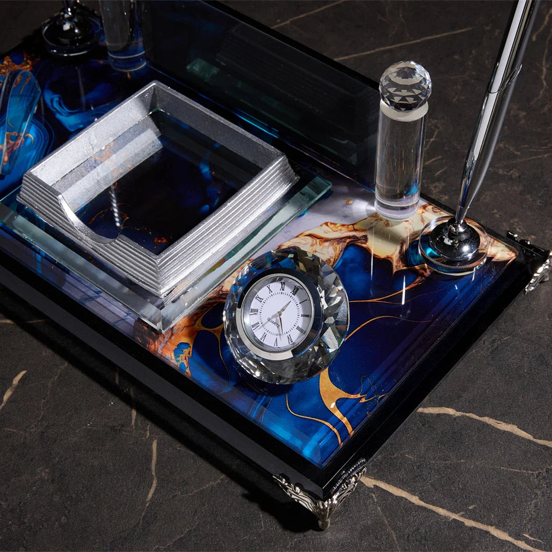 Sapphire Crystal Desktop Nameplate Set with Clock, Notepad Holder & Dual Pen Holder - Personalized Desk Nameplate
