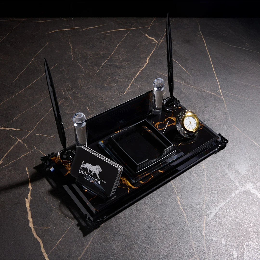 Negro Crystal Desktop Nameplate Set, Matching Desk Sets - Personalized with Clock, Dual Pen Holder & Notepad Holder