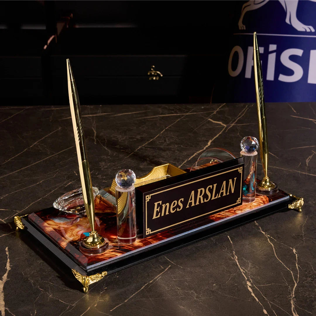 Royalty Crystal Desktop Nameplate Set with Clock, Notepad Holder & Dual Pen Holder - Personalized Desk Nameplate