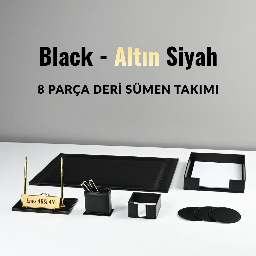 Black - Gold Black 8-Piece Leather Desk Set
