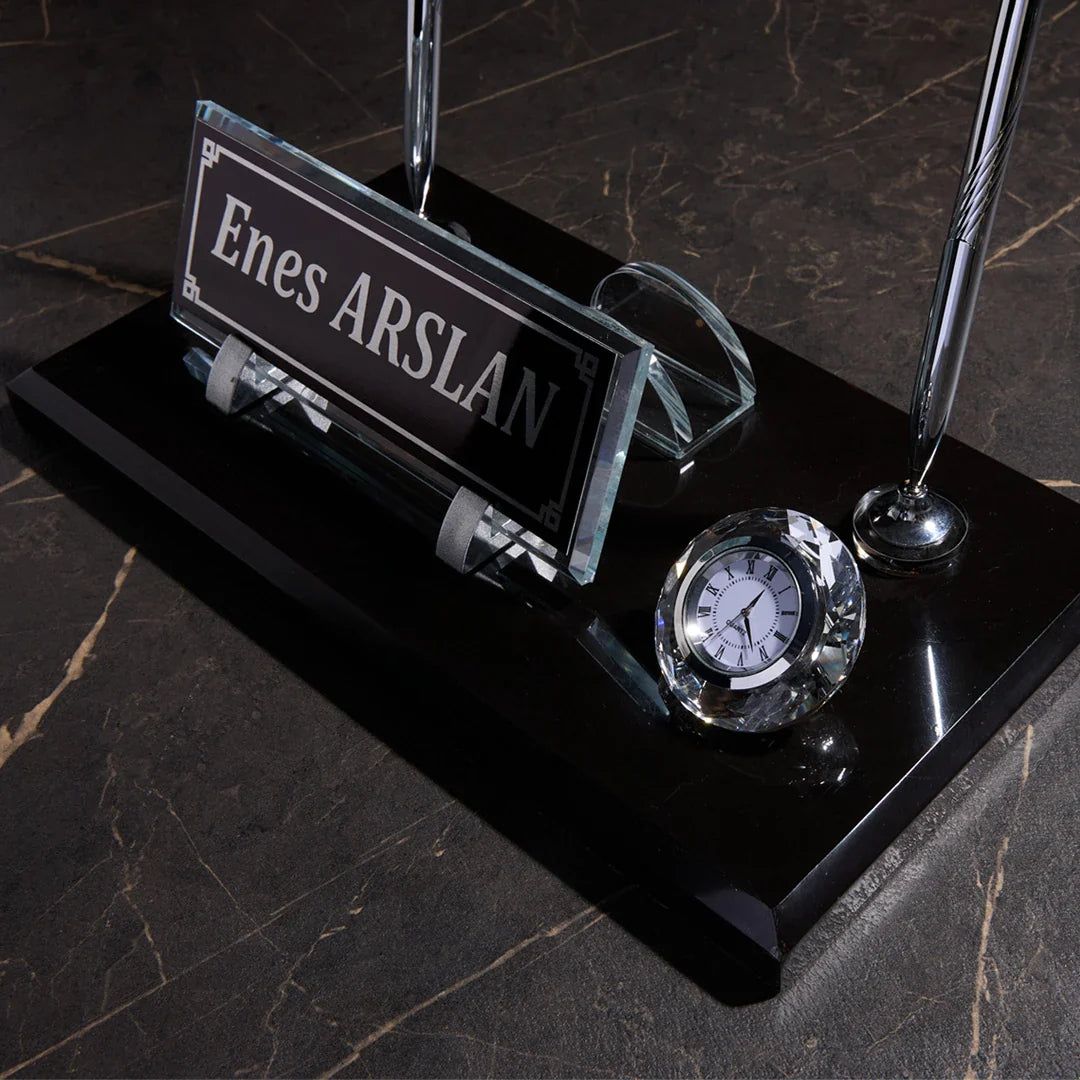 Signature Black Marble Desktop Nameplate Set with Clock & Dual Pen Holder - Personalized Desk Nameplate