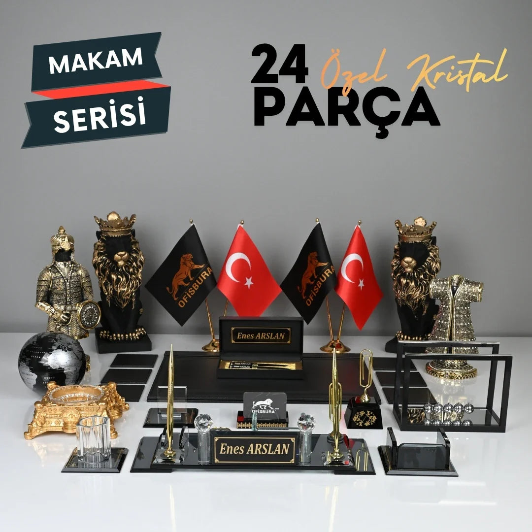 24-Piece Crystal Desk Set & Nameplate Set - Gold Accents