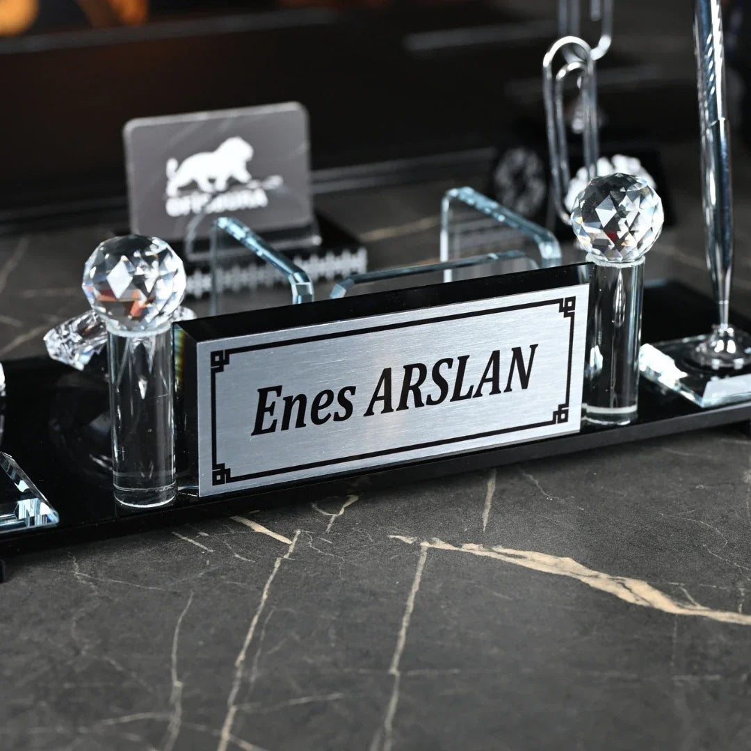 15-Piece Crystal Desk Set & Nameplate Set - Large Nameplate, Silver Accents