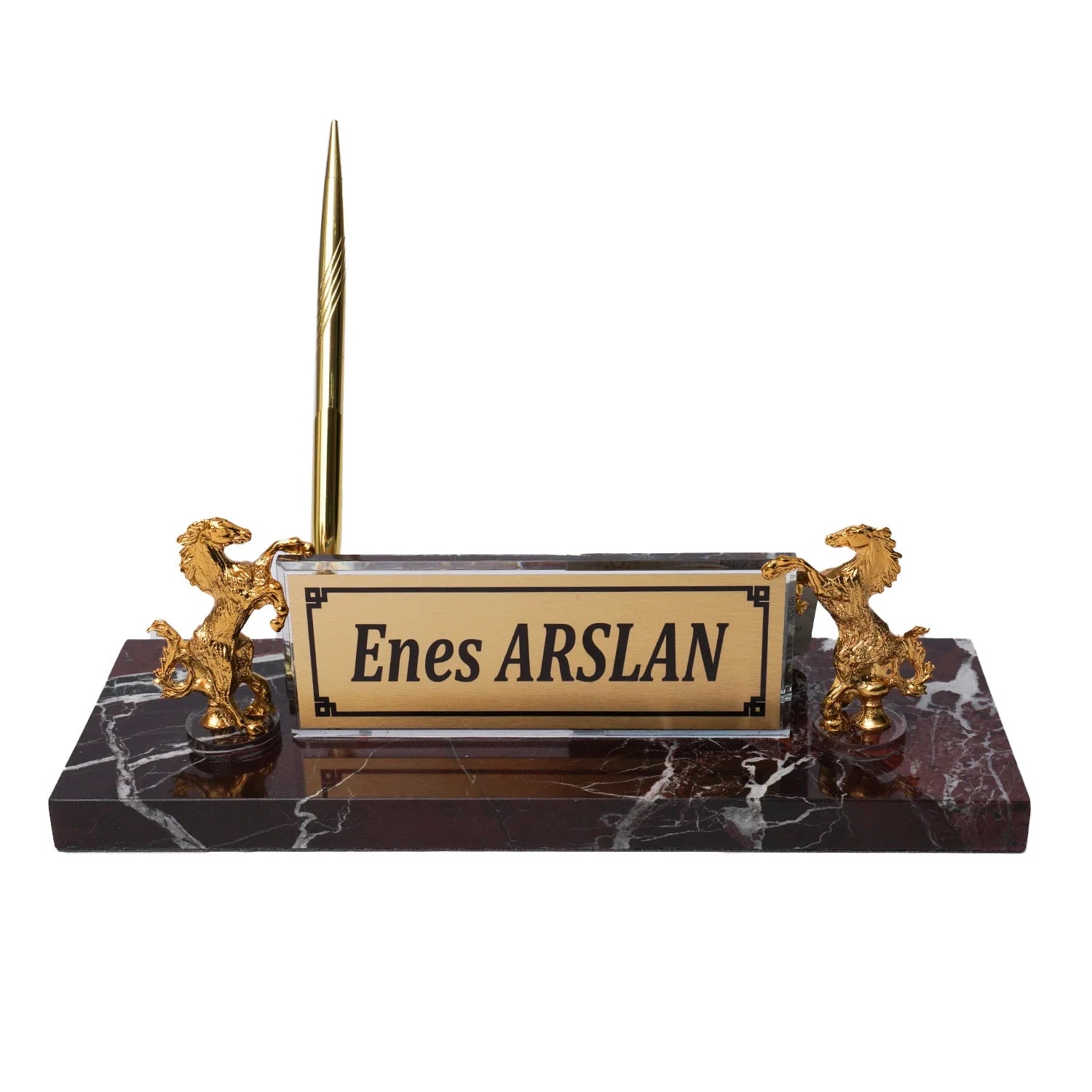 Rearing Horse Burgundy Marble Desk Nameplate - Personalized Luxury Office Set