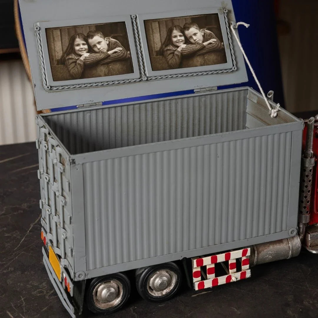 Decorative Metal Red Pickup Truck | with Storage Box & Photo Frame