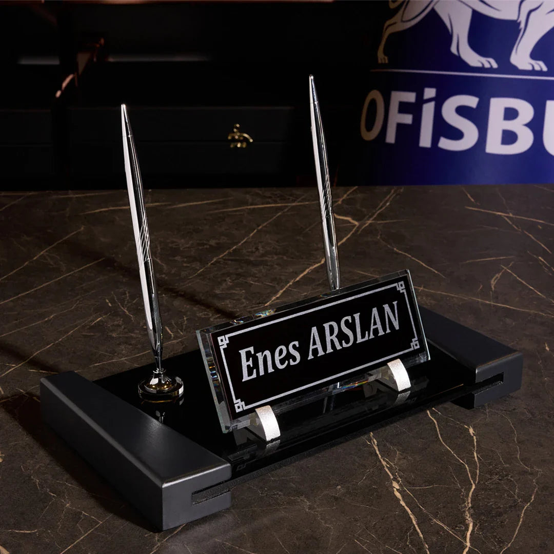 Anthracite | Crystal Desk Nameplate – Wood-Base Office Desktop Nameplate