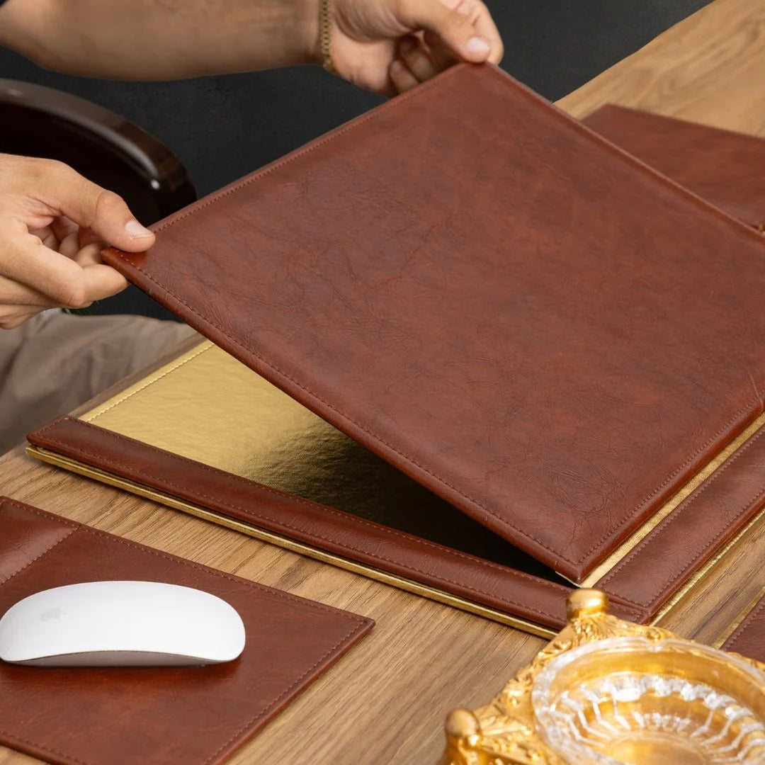 Tan & Gold Leather 14-Piece Premium Desk Set