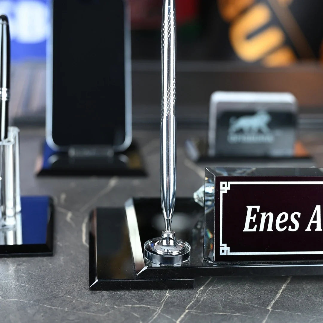 VIP | 13-Piece Crystal Desk Set & Nameplate Set - Silver Accents