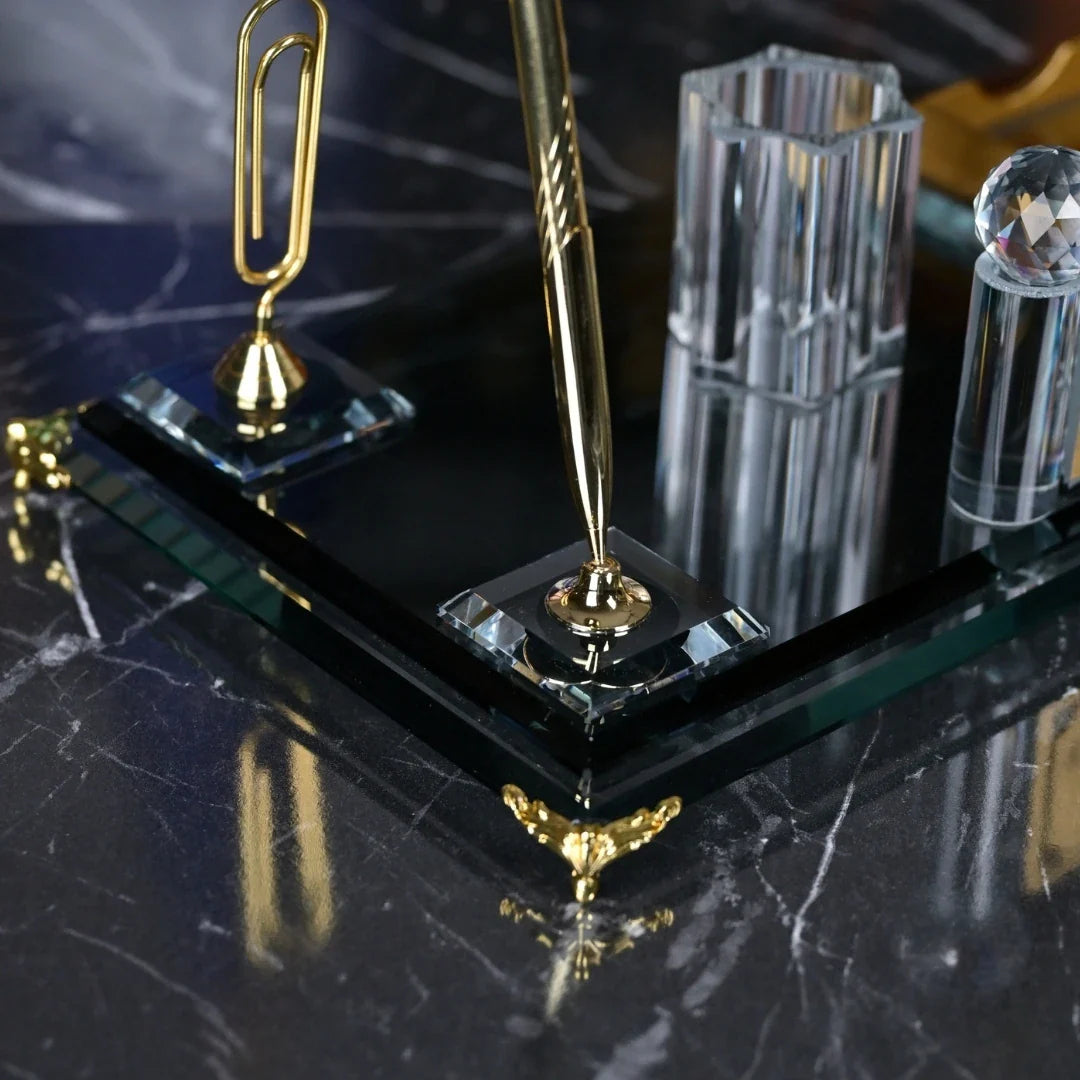 King Crystal Black Glass Desktop Nameplate - Office Nameplate Set (50 cm)