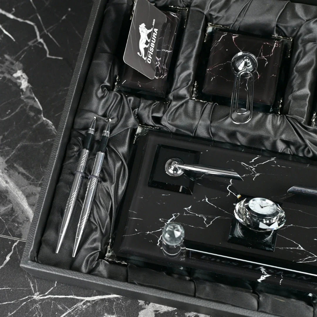 Zebra Black | Gift-Boxed 6-Piece Crystal Desk Set & Nameplate Set