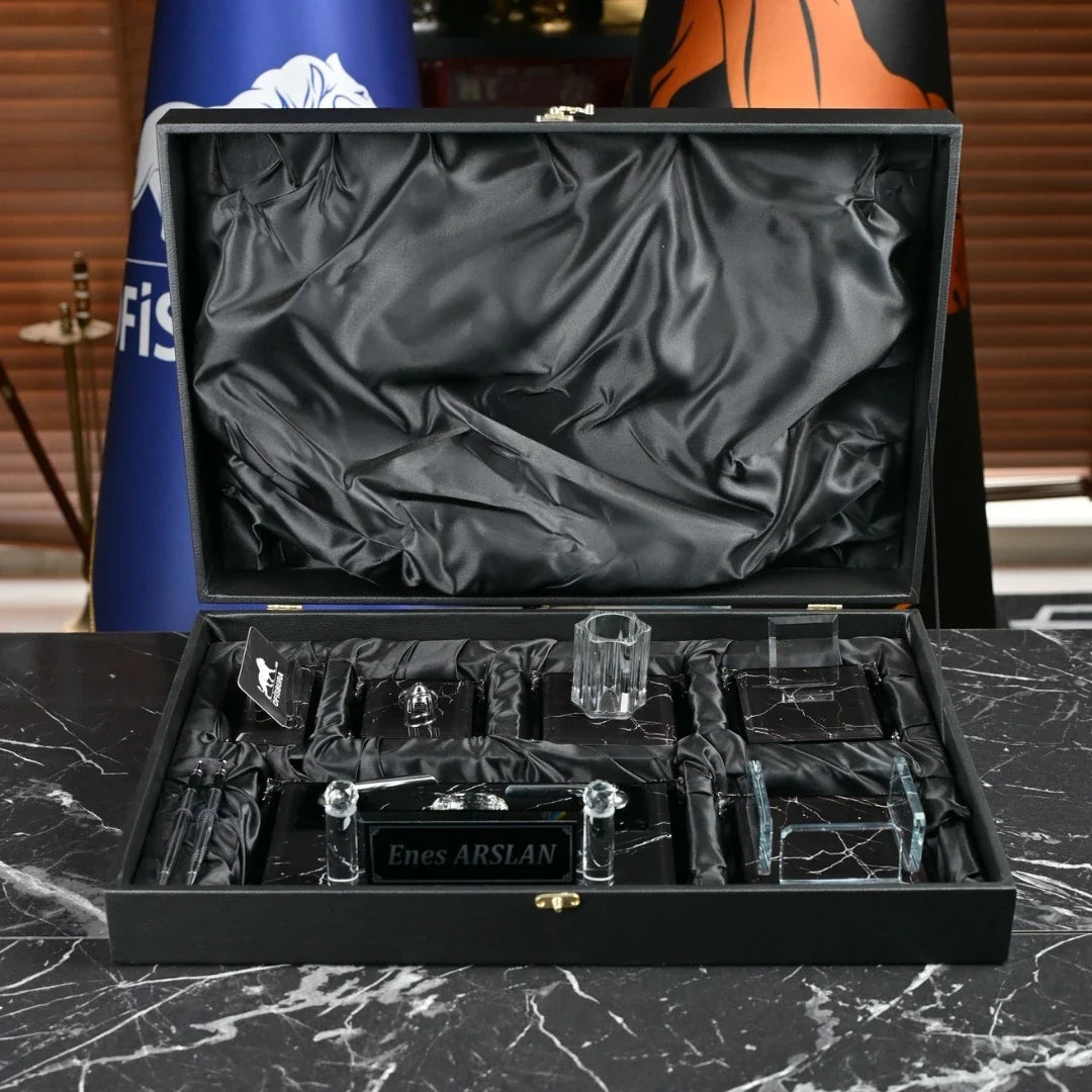 Zebra Black | Gift-Boxed 6-Piece Crystal Desk Set & Nameplate Set