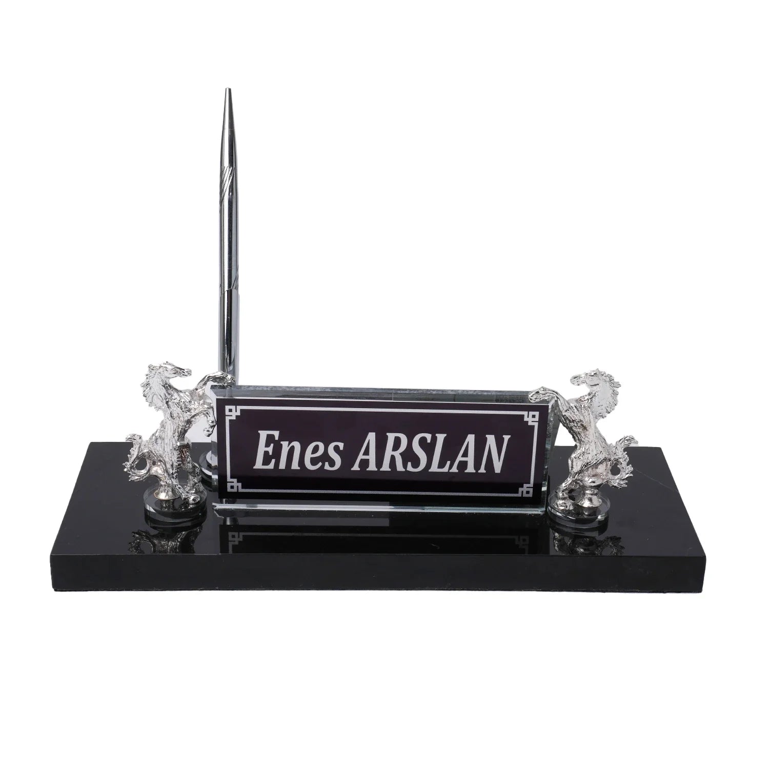 Rearing Horse Black Marble Desk Nameplate - Personalized Luxury Office Set